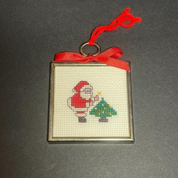 VTG Square Finished Framed Cross Stitch Santa Claus & Christmas Tree Ornament - Picture 1 of 3